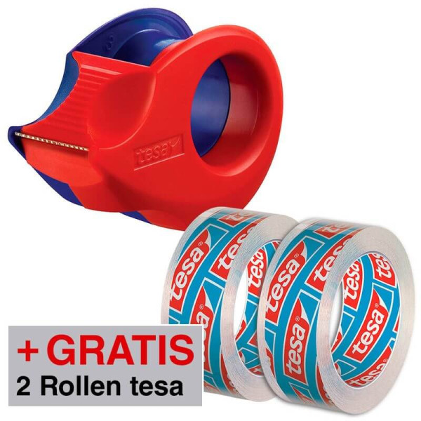 tesa Klebefilmabroller Mini-Abroller rot/blau + GRATIS 2 Rollen tesafilm Kristall-Klar, 10,0 m x 15,0 mm (LxB)